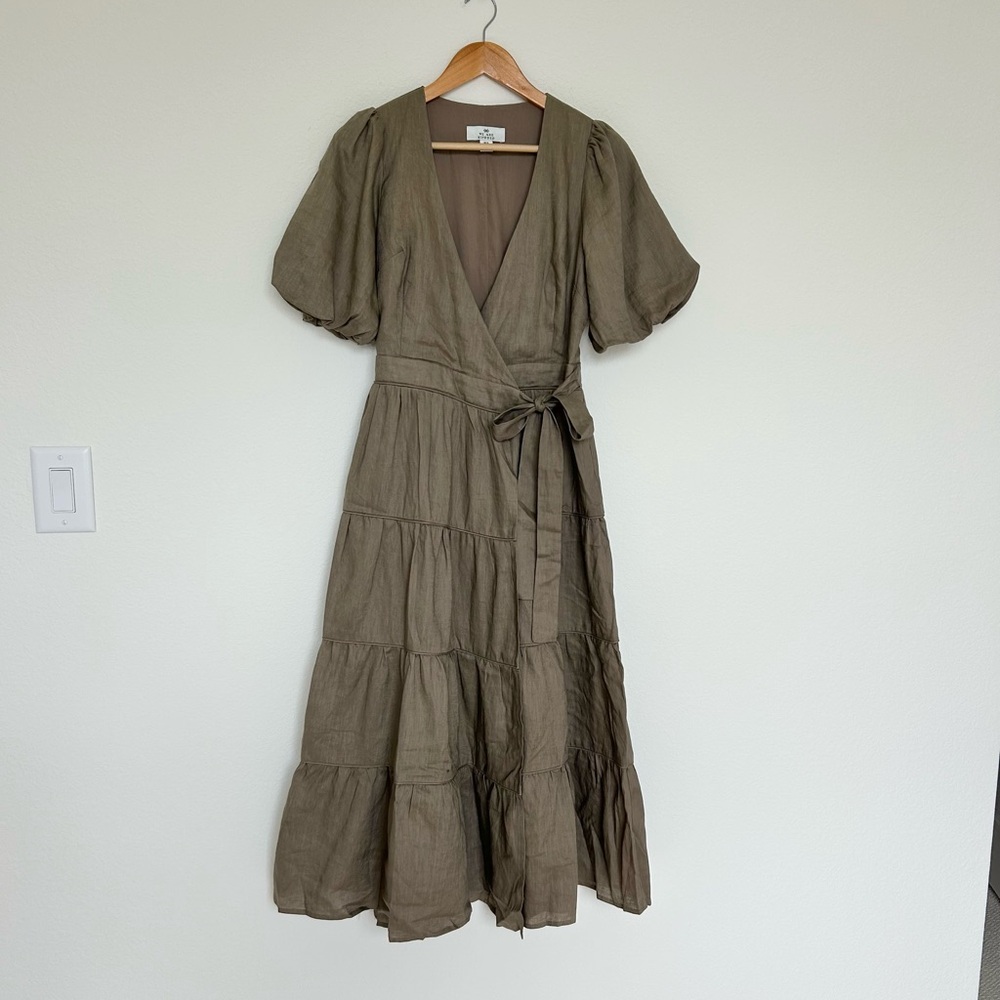 We Are Kindred Madeline Linen Wrap Dress in Olive - Picture 2 of 6